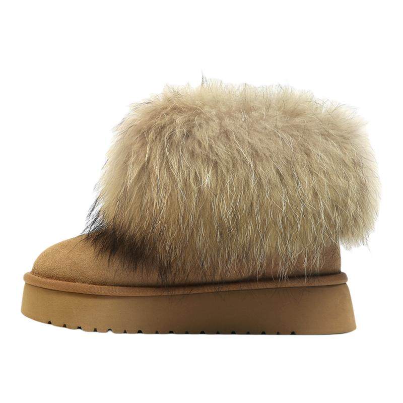 F21狐狸毛牛皮厚底雪地靴女