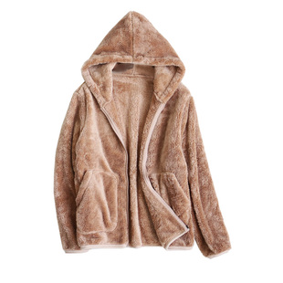 女士冬季加厚珊瑚绒外套连帽拉链抓绒卫衣单件睡衣家居服外穿上衣