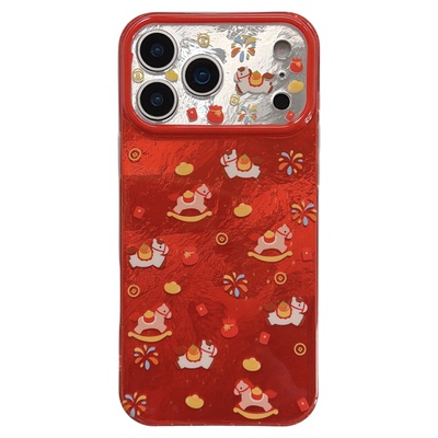 jze 新年喜庆红色烟花元宝小马带挂绳适用苹果17ProMax手机壳iphone15新款16pro女款13双层15pro防摔保护套14