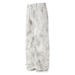 陈奕恒同款美式复古弯刀白色扎染脏脏裤男宽松直筒阔腿休闲长裤子