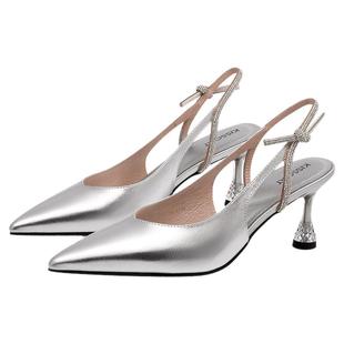 KISSCAT接吻猫[流光舞会]尖头后空凉25夏新尖头高跟鞋银色凉鞋