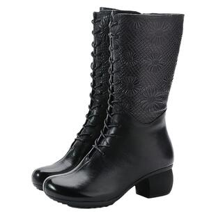 全牛皮中筒靴女2025冬季新款真皮粗跟马丁靴中跟加绒保暖皮靴女靴