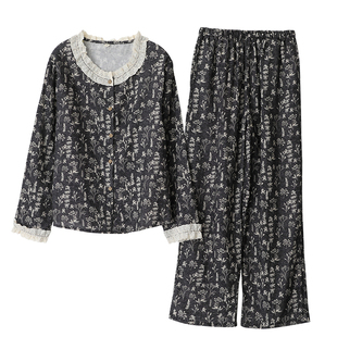 复古风蕾丝碎花睡衣套装女士数码印花纯棉纱布无领开衫长袖家居服