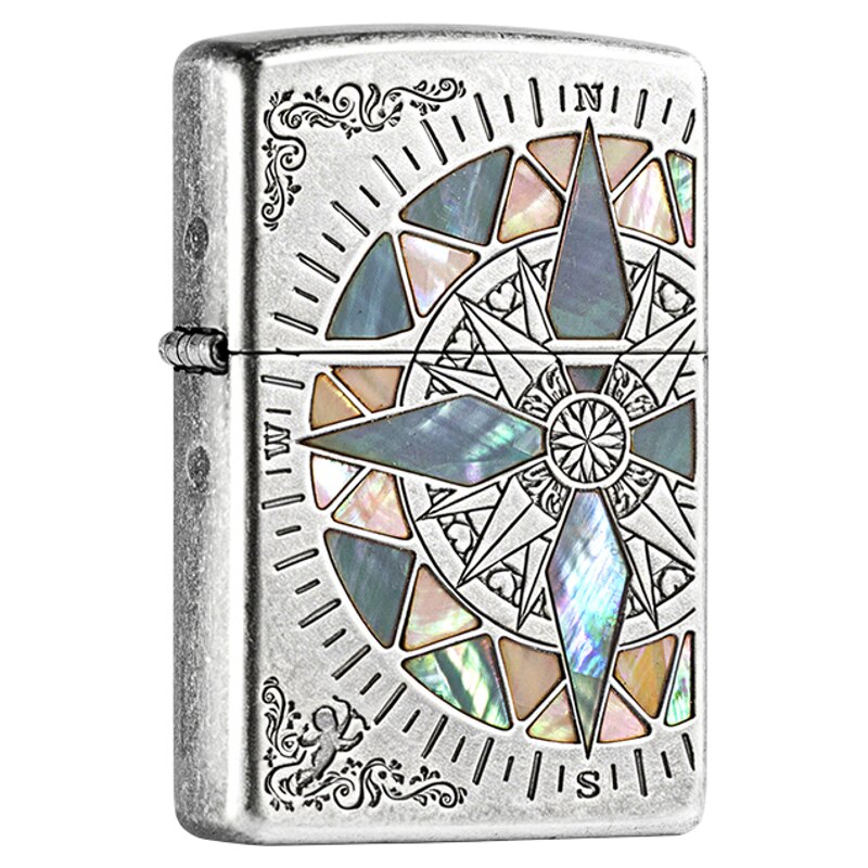 ZIPPO煤油打火机官方正品古银彩贝幸运罗盘指南针送男友生日礼物