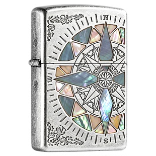 ZIPPO煤油打火机官方防风古银彩贝幸运罗盘指南针送男友生日礼物