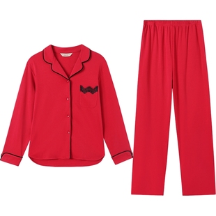 秋鹿纯棉红色睡衣女结婚新婚情侣套装本命红新年长袖秋冬家居服男