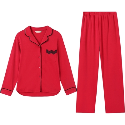 秋鹿情侣纯棉红色新婚睡衣家居服