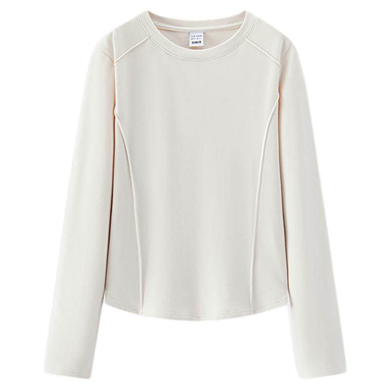 森马长袖T恤女冬鱼骨分割上衣正肩修身纯色2025新款显瘦软糯衣服