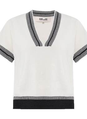 DVF V领简约优雅黑白拼色短袖针织上衣WS2T002