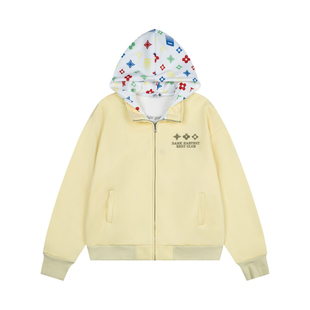 Amoeba美式复古拼接老花字母印花撞色假两件加绒连帽卫衣拉链外套