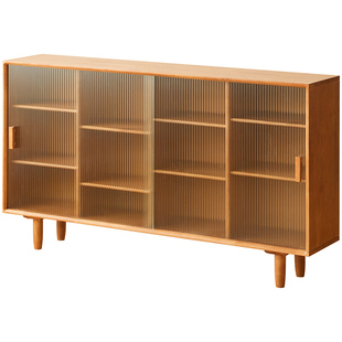 日式书柜实木矮柜落地柜家用带门防尘收纳柜樱桃木色储物柜格子柜