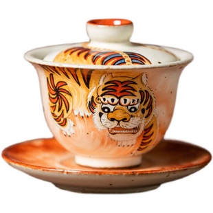 勾画景德镇粗陶手绘盖碗中国风复古泡茶碗茶碗三才碗老虎茶器