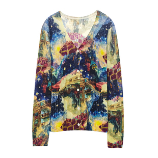 春上新100%超细水溶羊毛印花V领开衫女薄款长袖针织衫宽松艺术风