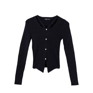 A21女装针织衫2024新款春季纯色V领长袖打底衫修身镂空上衣女薄款