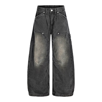 美式拼接做旧微弯刀宽松牛仔裤