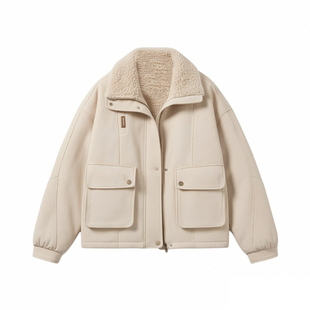 300斤特大码米色慵懒风立领棉服外套女胖mm大口袋设计派克服上衣