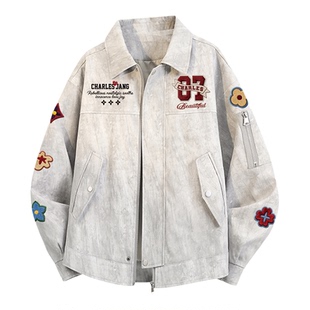 查尔斯桃心美式花卉印花扎染翻领外套男女春秋季新款潮流休闲夹克