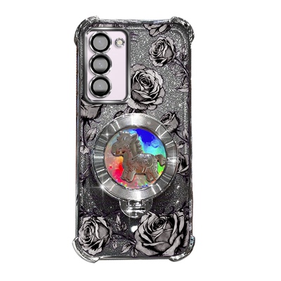 三星S24FE玫瑰印花旋转陀螺支架手机壳三星s24fe新年款国风国潮防摔气囊镜头全包按键精准闪粉渐变多巴胺色系