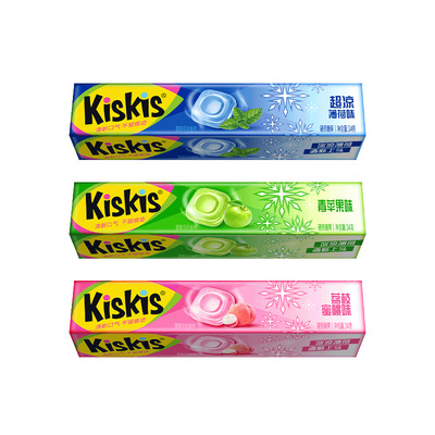 Kiskis酷滋薄荷糖冰凉薄荷硬糖青苹果荔枝蜜桃味提神糖果34g条装