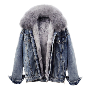牛仔外套女加绒韩版狐狸毛领可拆卸獭兔毛内胆派克服皮草上衣冬季