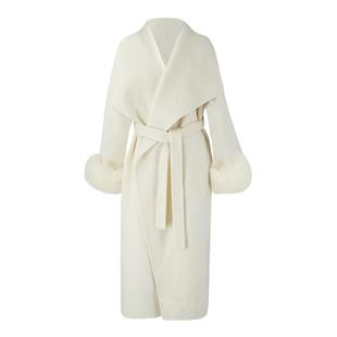 SYT自制 狐狸毛袖子绵羊毛双面呢子大衣女冬季新款系带大翻领外套