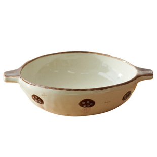 肆月日式粗陶双耳碗釉下彩陶瓷汤面碗具家用可爱好看沙拉水果大碗