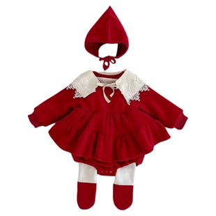 婴儿衣服女宝宝冬装新生满月加绒包屁衣外出服圣诞周岁礼服过年服