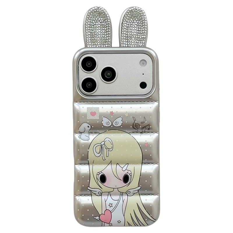 MoreRex ins银色羽绒服黄色女孩闪钻兔耳适用苹果17手机壳iphone16promax新款17pro全包14防摔保护套13女款15