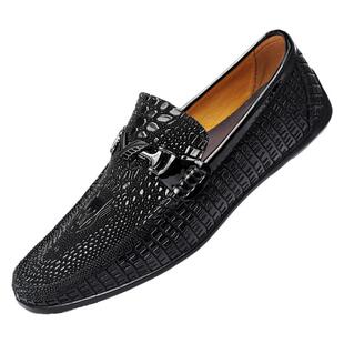 37码皮鞋男秋冬季加绒小码豆豆鞋男士真皮鳄鱼纹休闲皮鞋正装男鞋