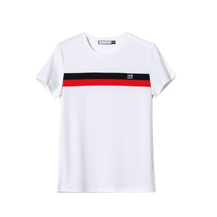 ELLE Active2026春夏新款圆领白色t恤女休闲修身条纹短袖上衣纯棉