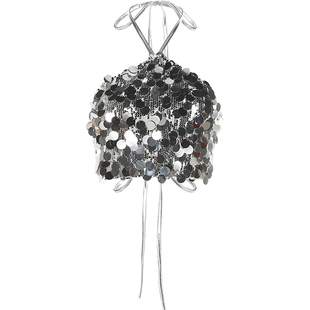 KLIOU 辣妹重工blingbling银色亮片挂脖吊带背心女性感大露背上衣