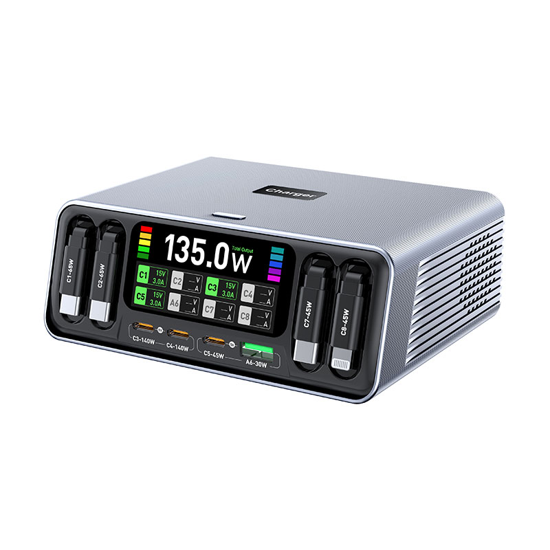 桌面充电器自带伸缩线140W氮化镓充电站PD3.1智能数显快充头多口TypeC充电插座适用苹果17手机iPad平板笔记本