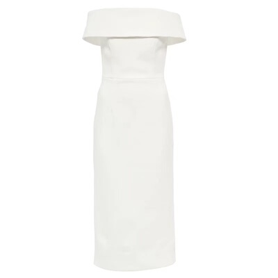 法式白色一字肩中长款宴会年会生日派对订婚领证晚礼服连衣裙