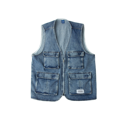 多口袋马甲宽松四季拉链牛仔日系