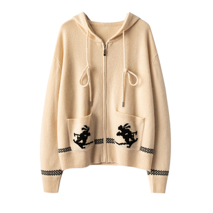 韩系八奶家~滑雪!100纯山羊绒连帽衫 宽松大版针织开衫外套女