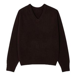 LINHOUSE复古深棕色V领百搭毛衣冬通勤百搭宽松简约针织衫上衣女
