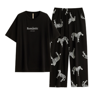 家乐芬睡衣女夏季短袖长裤莫代尔家居服夏天薄款冰丝大码斑马套装