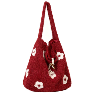 韩系毛呢包包女秋冬季学院风毛绒托特包学生上课通勤大容量单肩包