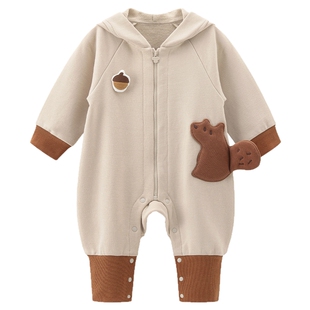 乖奇熊婴幼儿连帽春装连体衣男女宝宝纯棉春秋季抓绒保暖哈衣爬服