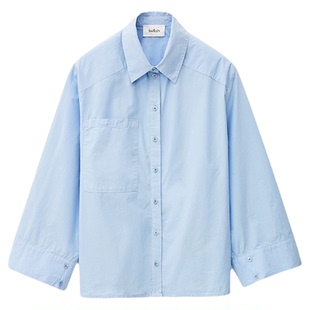 bash春季简约基本气质蓝色衬衫通勤女士上衣基础翻领衬衣1H25ADAM