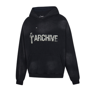 FAR.ARCHIVE高街潮牌磨破做旧字母印花男女宽松美式休闲连帽卫衣