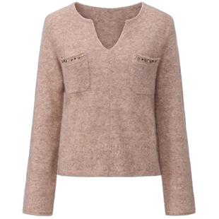 halfmoon X LOOKNOW2025秋冬新款杏色v领口袋钉珠针织衫女