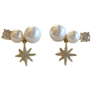 珍珠六芒星耳钉女精致轻奢高级感气质纯银针耳环新爆款小众耳饰品