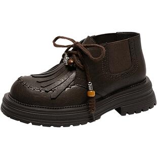 赵昭仪同款MIO米奥女鞋复古流苏小皮鞋新款厚底短靴乐福鞋马丁靴