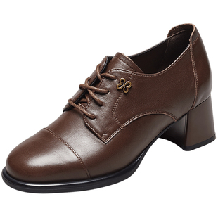 意尔康真皮法式时装鞋女2026春款粗跟深口系带小皮鞋配裙子单鞋