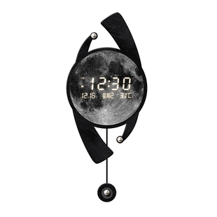 现代轻奢客厅挂钟高级感数显万年历电子时钟创意月球格栅壁灯钟表