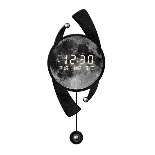 现代轻奢客厅挂钟高级感数显万年历电子时钟创意月球格栅壁灯钟表