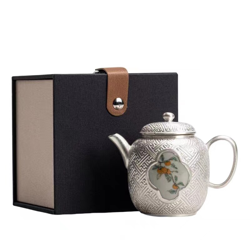 999纯银鎏银中式陶瓷茶壶功夫茶具复古泡茶壶茶器过年送礼礼盒
