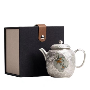 999纯银鎏银中式陶瓷茶壶功夫茶具复古泡茶壶茶器过年送礼礼盒