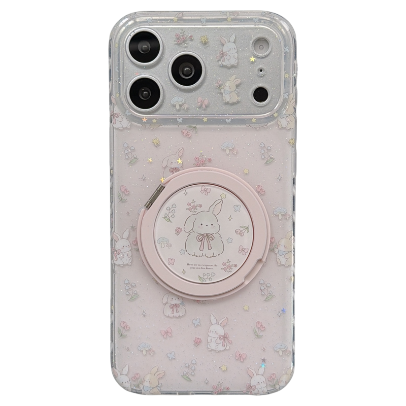 jze春款ins闪粉碎花小兔子适用苹果17ProMax手机壳iphone15新款16pro女款17pro旋转支架14双层全包防摔手机套